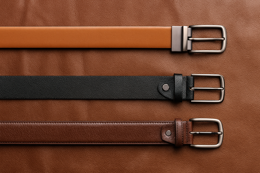 Flat lay of three luxury leather belts by KARA in tan, black, and brown, laid on premium brown leather fabric, showcasing buckle variety and stitching detail.