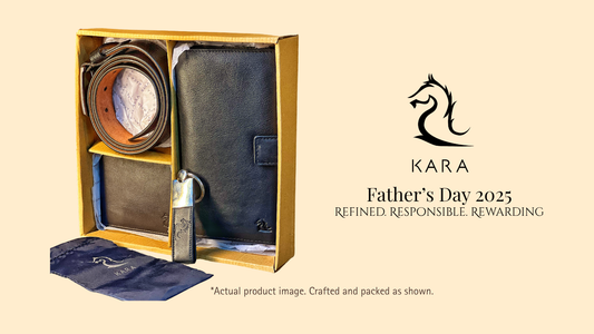 KARA upcycled Father’s Day gift box with wallet, belt, and keychain in biodegradable packaging