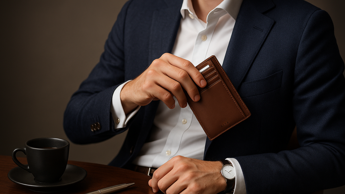 A well-dressed man in a navy blazer and white shirt seated at a wooden table, holding a brown couture leather wallet with card slots.